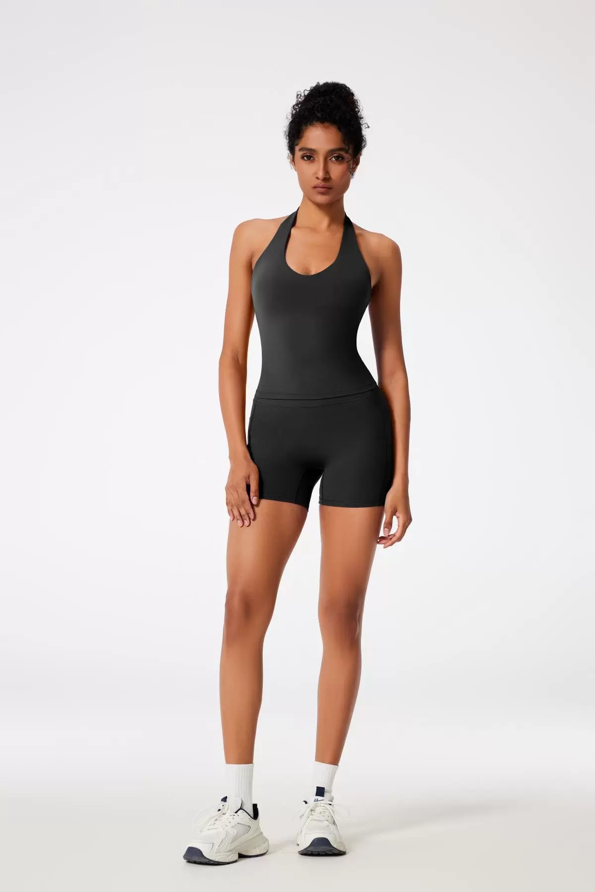 RXRXCOCO Halter Workout Sets for Women 2 Piece V Neck Tank Tops Hidden Scrunch Booty Shorts Gym Outfits with Pockets