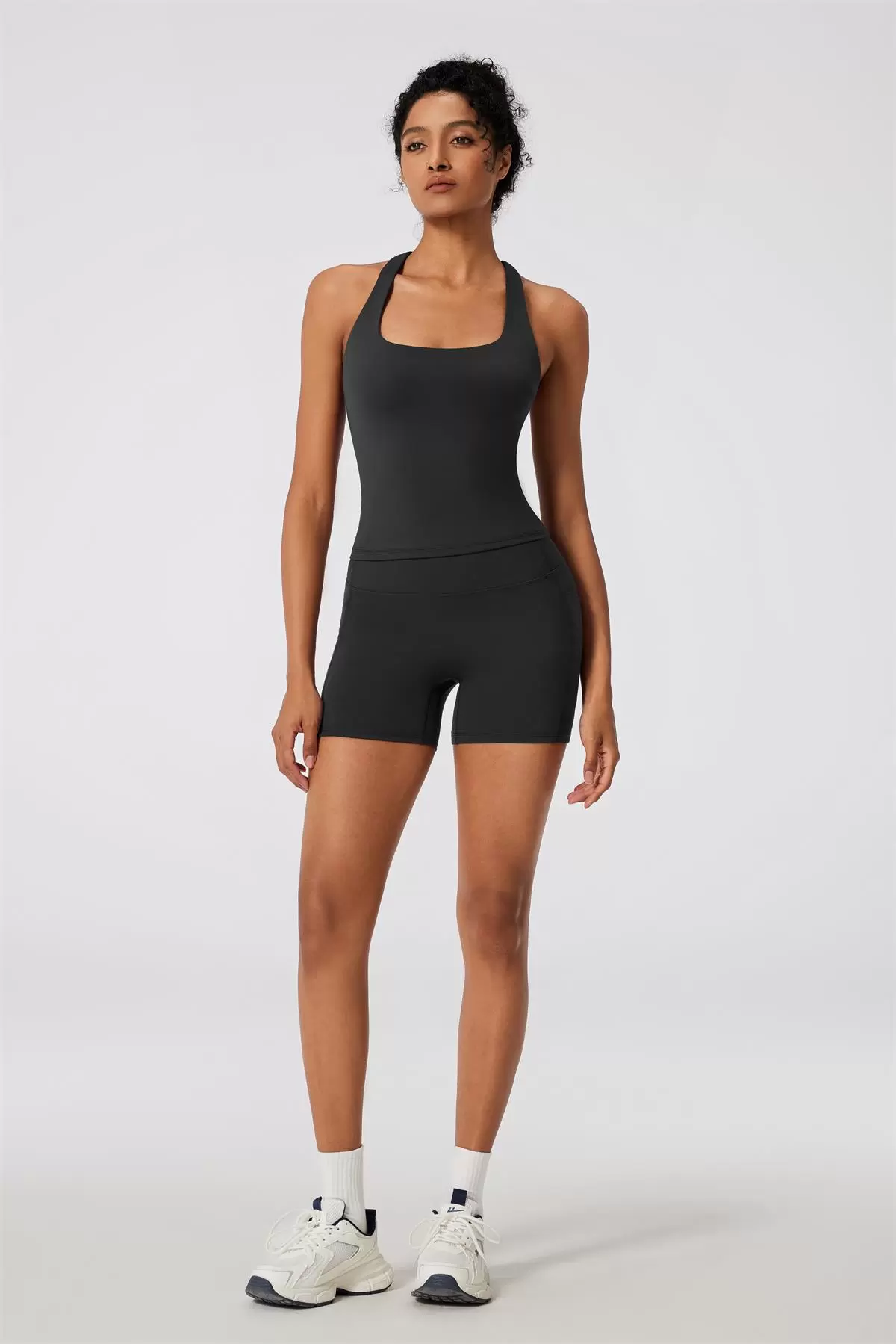 RXRXCOCO Racerback Workout Sets for Women 2 Piece Padded Scoop Neck Tank Tops Hidden Scrunch Booty Shorts with Pockets