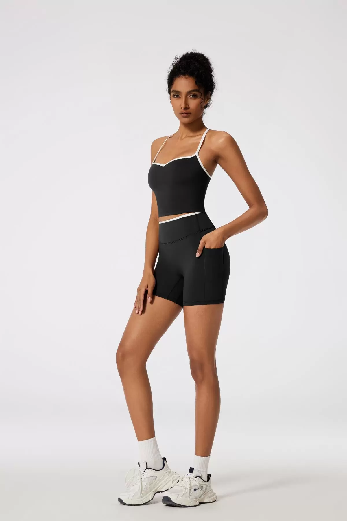 RXRXCOCO Color Block Workout Sets for Women 2 Piece Padded Strappy Tank Tops Hidden Scrunch Booty Shorts with Pockets