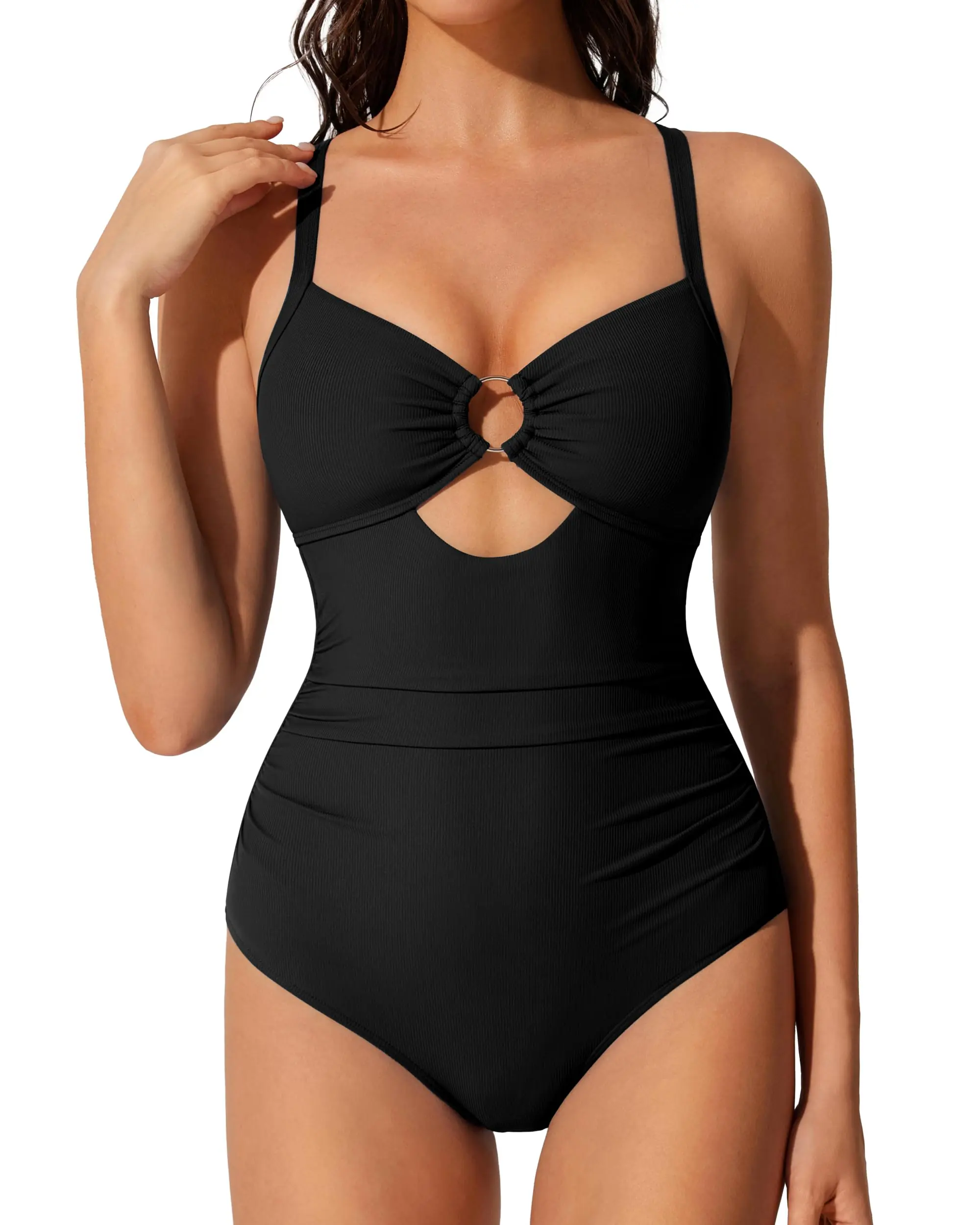 RXRXCOCO Womens One Piece Swimsuit Tummy Control O-Ring Cutout Ruched Slimming Bathing Suit Full Coverage Swim Suits
