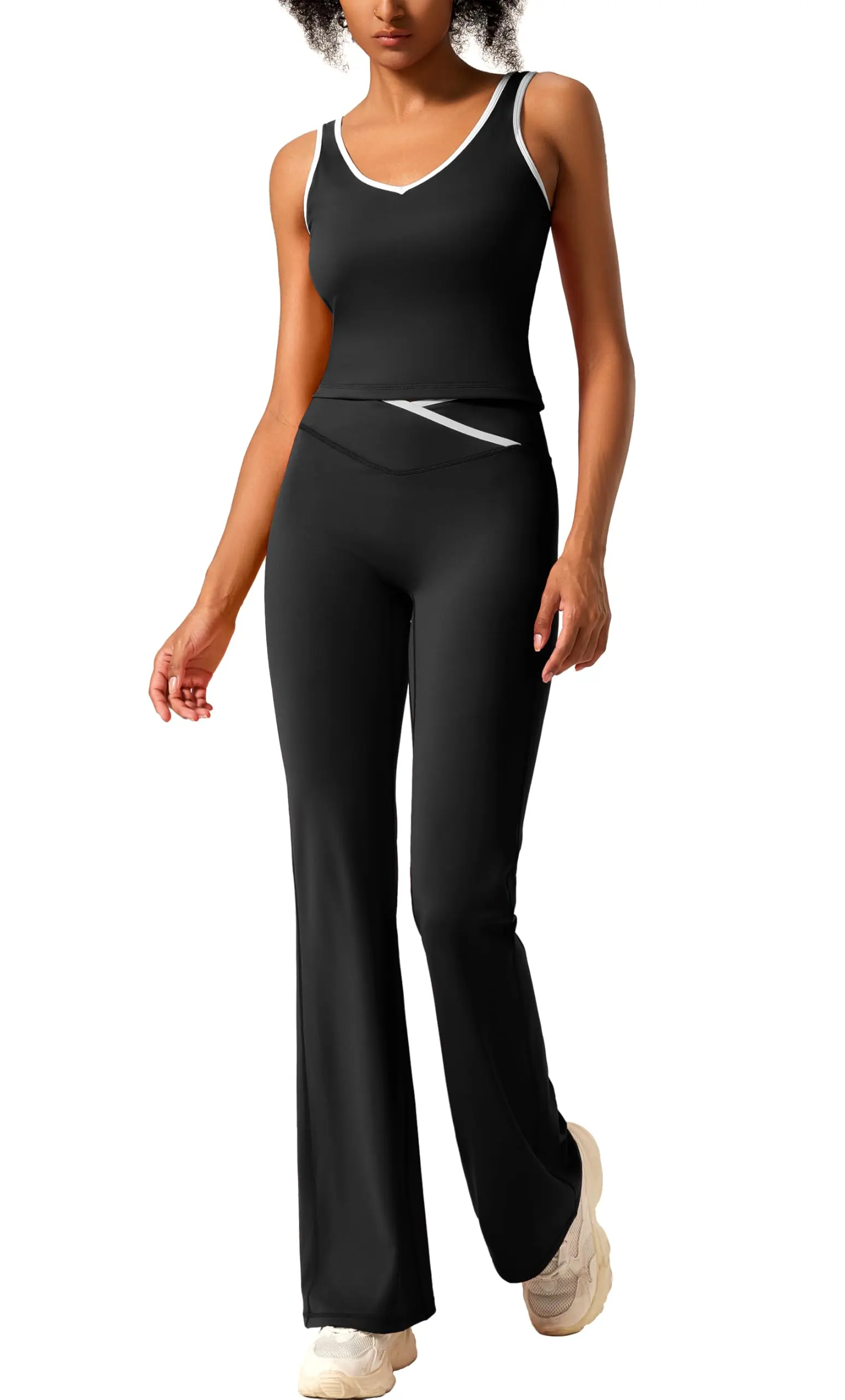 RXRXCOCO Women's Workout Sets 2 Piece Flare Leggings Scrunch Butt Lifting Crop Tank Top Matching Colorblock Gym Yoga Outfits