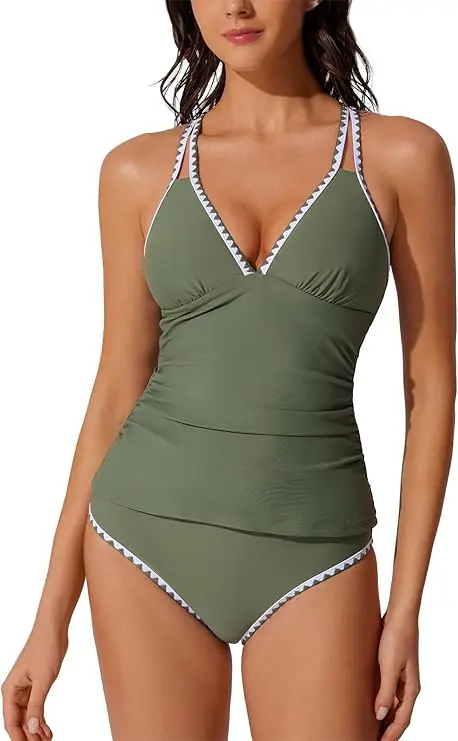 RXRXCOCO Women Tankini Swimsuits Bathing Suits Tummy Control Colorblock V Neck Ruched High Waisted Swimwear